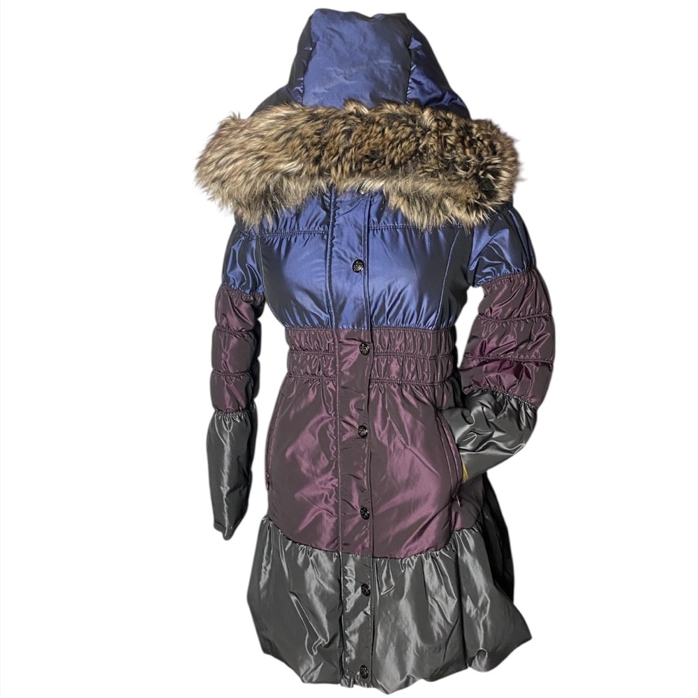 Catimini Paris Girl Iridescent Colorblock Puffer Coat with Faux Fur Hood Size 12